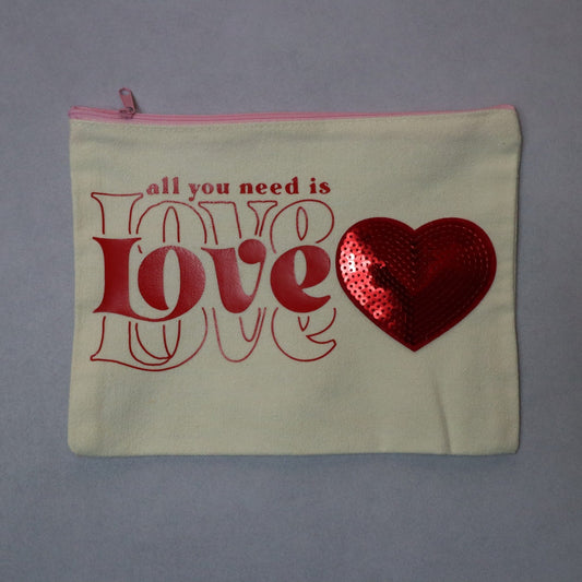All You Need Is Love Red Sequin Heart Patch Pink Zipper Canvas Handmade Bag