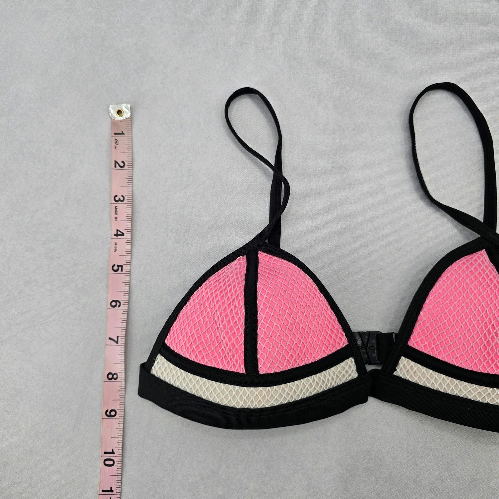 Black Pink Mesh Boho Triangle Padded Swim Sports Bra Beach Bikini Top M Medium