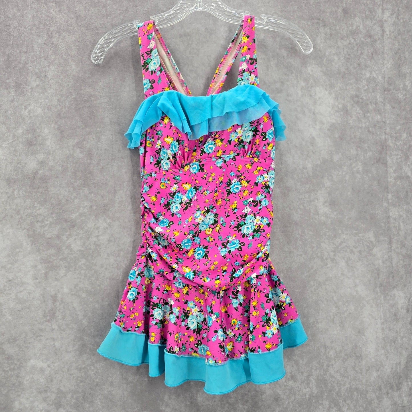 Pink Blue Floral Skort One Piece Ruffle Swim Junior Youth Boho Skirt Girls 16