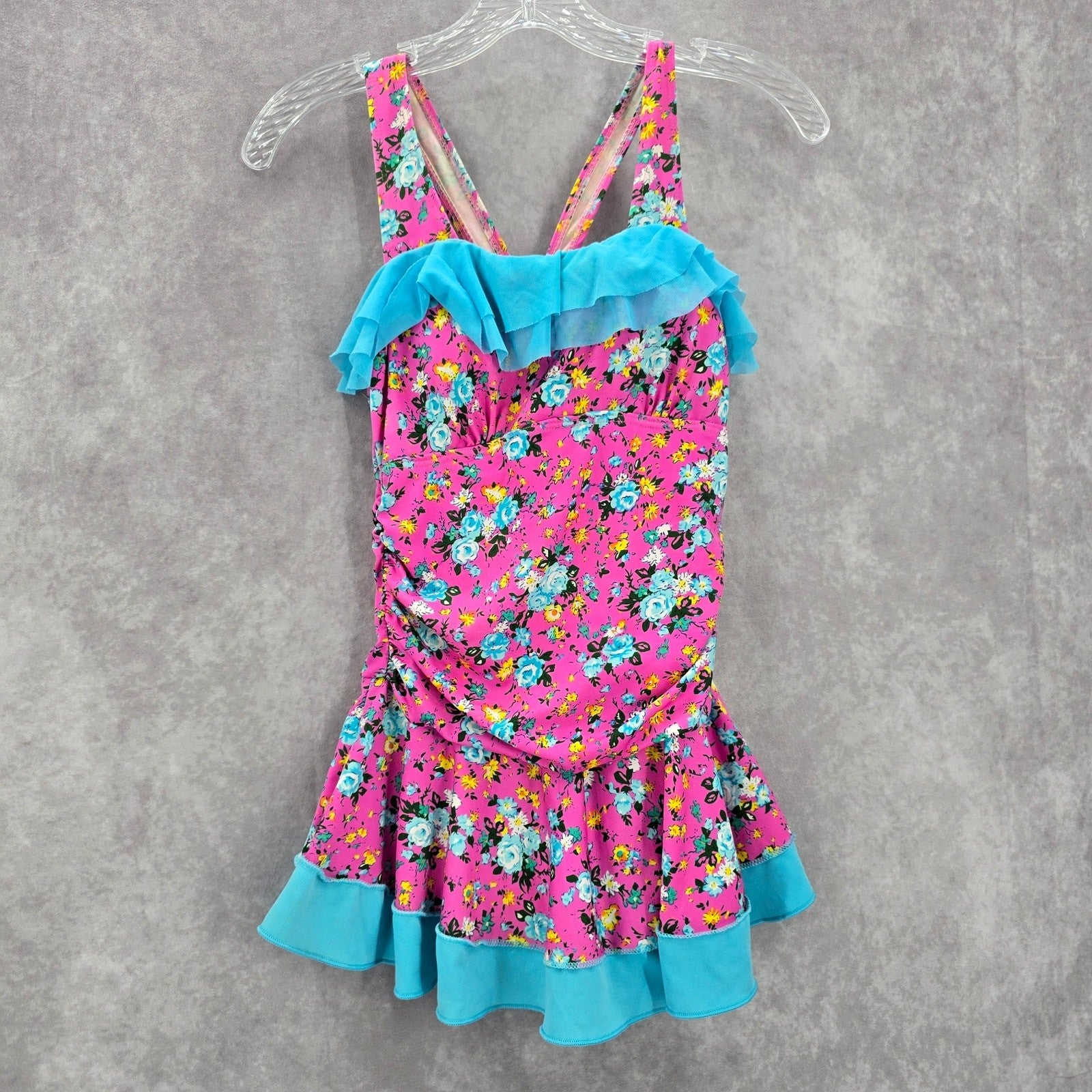 Pink Blue Floral Skort One Piece Ruffle Swim Junior Youth Boho Skirt Girls 16