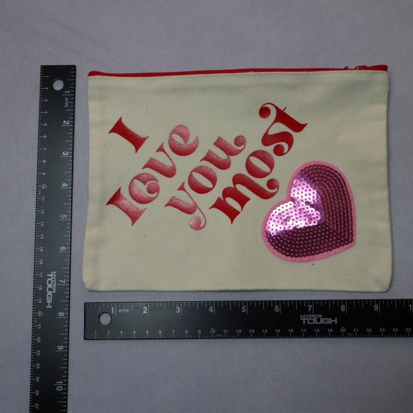 I Love You Most Pink Sequin Heart Patch Red Zipper Canvas Handmade Makeup Bag