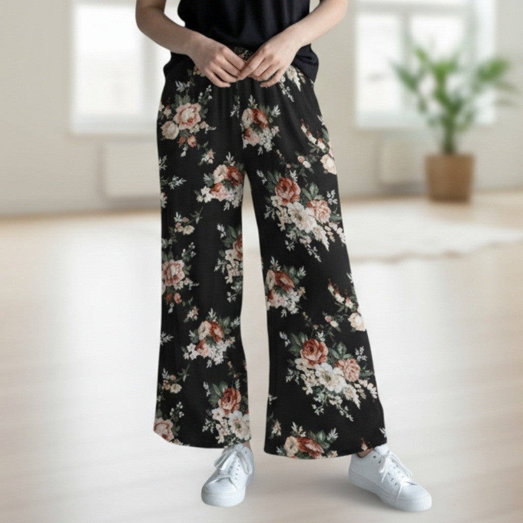 Copper Key Black Floral Wide Leg Pants Boho Palazzo High Waist Lounge VTG Small