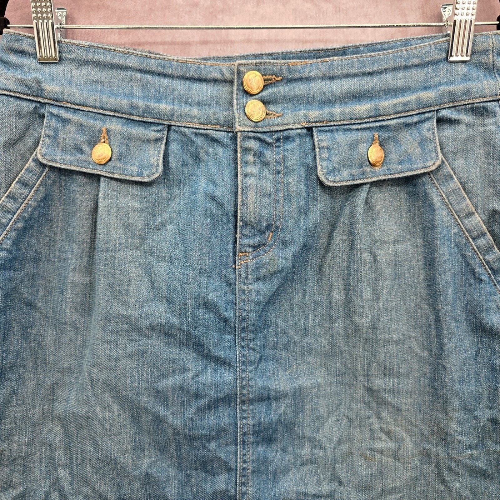 Juicy Couture Ex Cardiff High Waist Y2K VTG Denim Skirt Crest Button 28 Medium