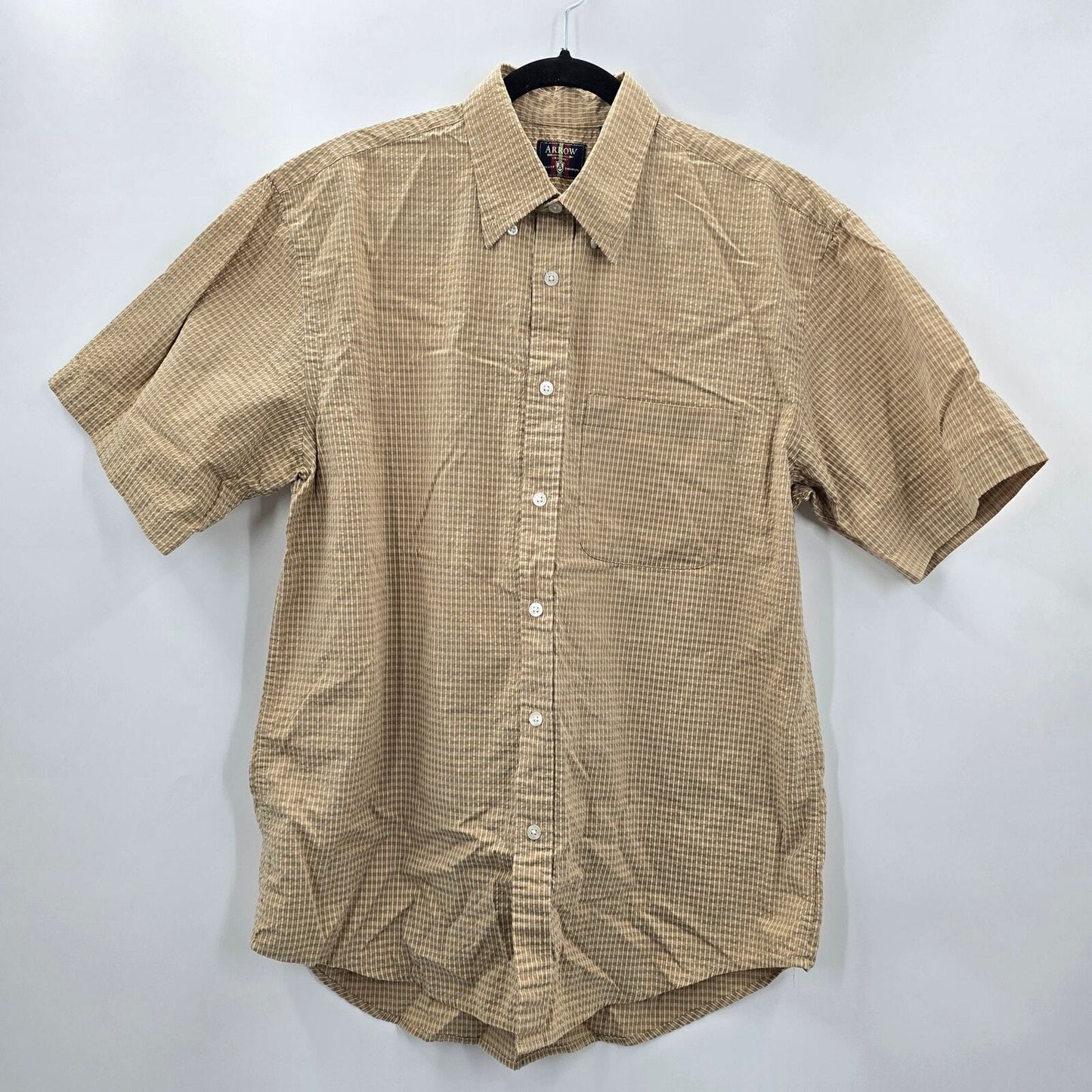 Arrow Tan Stripe Plaid Button Up Short Sleeve Shirt Medium