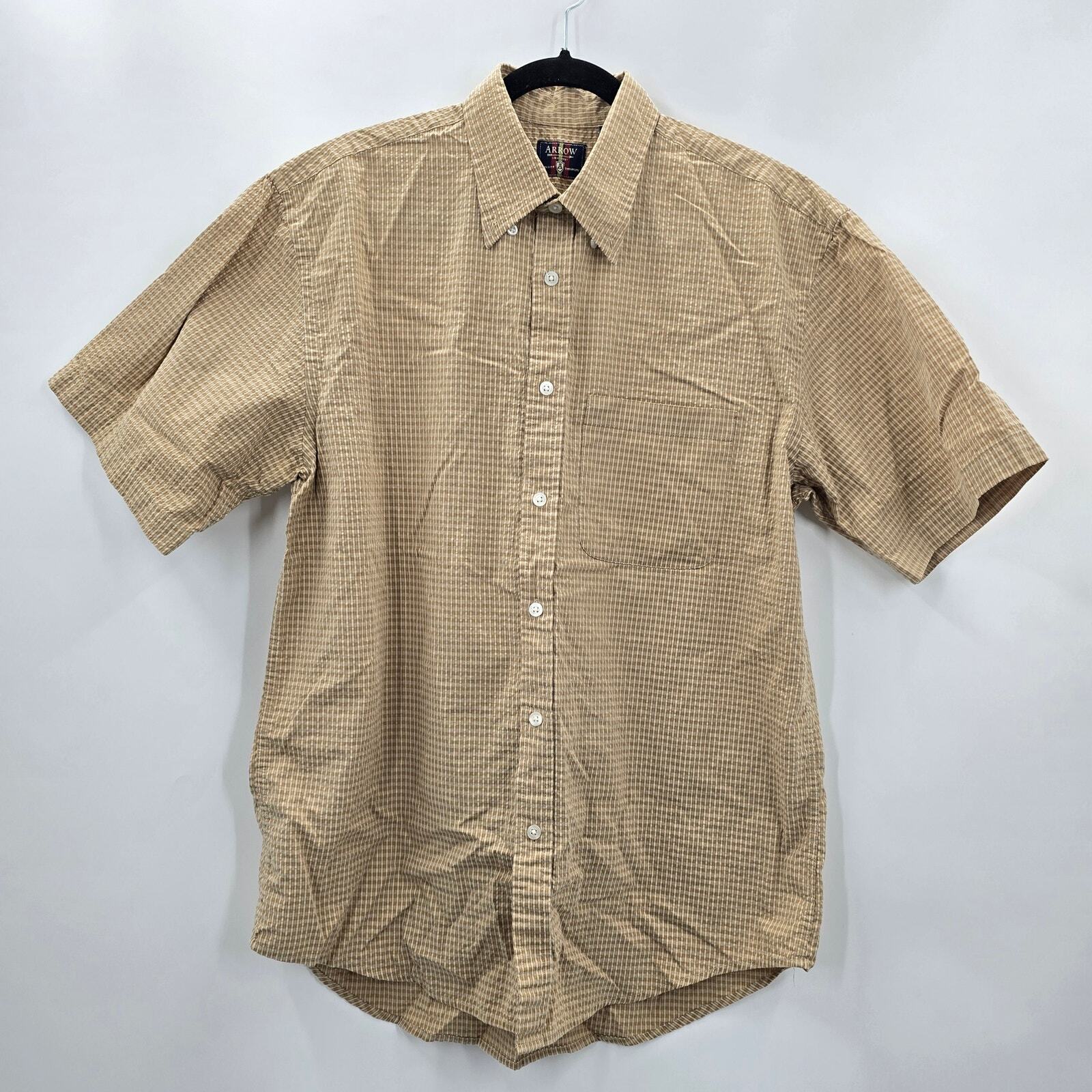 Arrow Tan Stripe Plaid Button Up Short Sleeve Shirt Medium