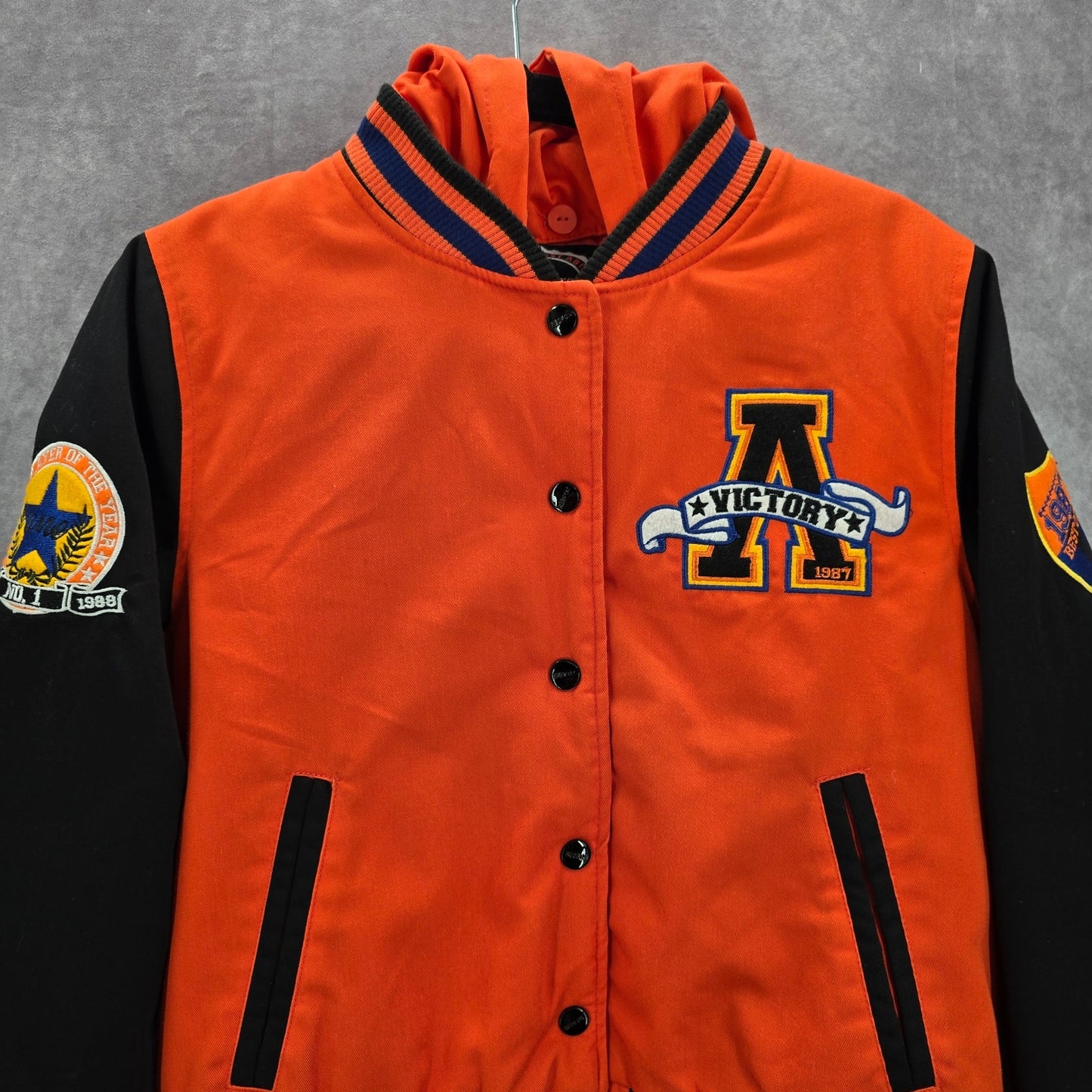 Red Fox Orange Black Varsity Puffer Hood Vintage Y2K Bomber Jacket Coat Medium M
