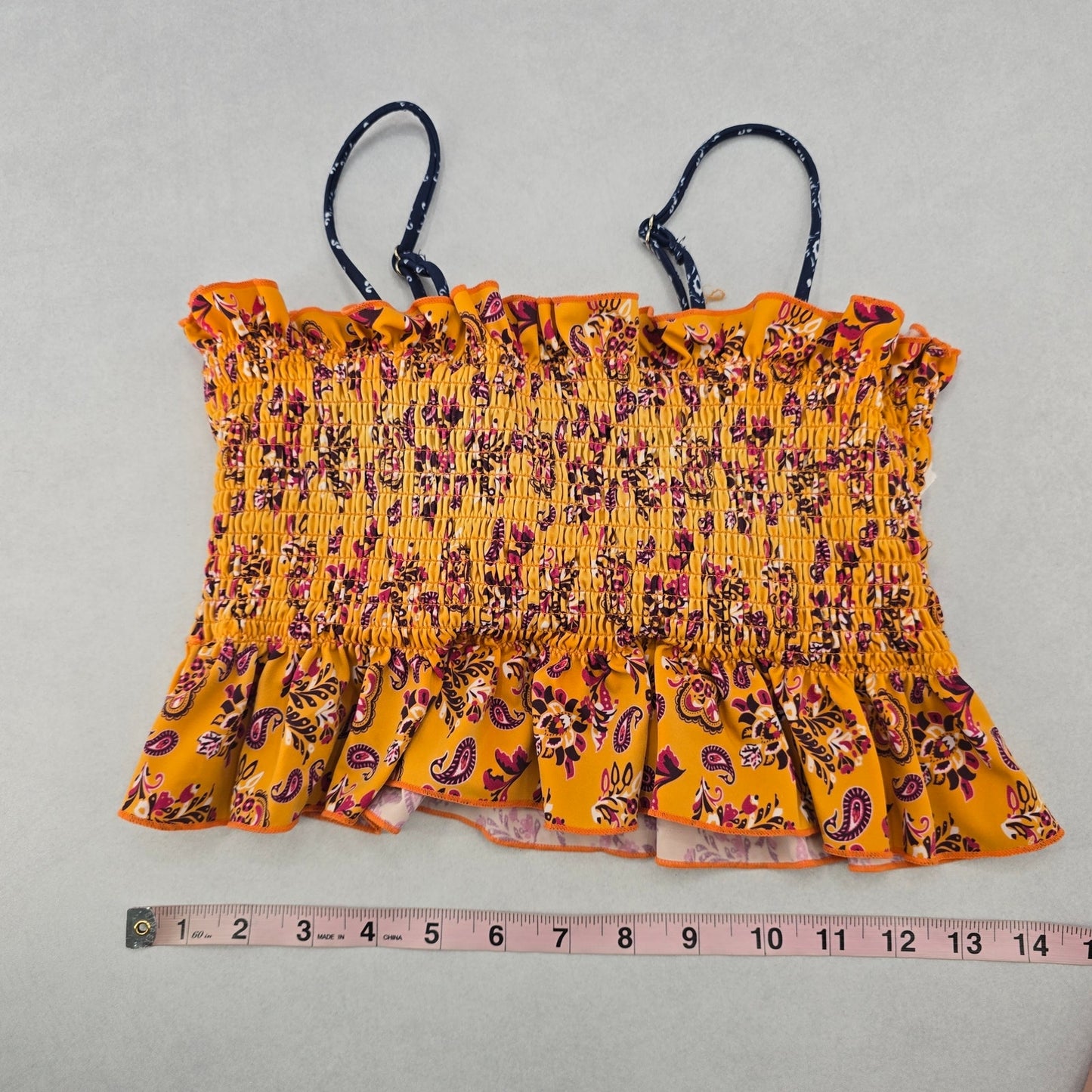 Yellow Floral Crop Smock Boho Tube Ruffle Y2K Bikini Bralette Swim Top M Medium