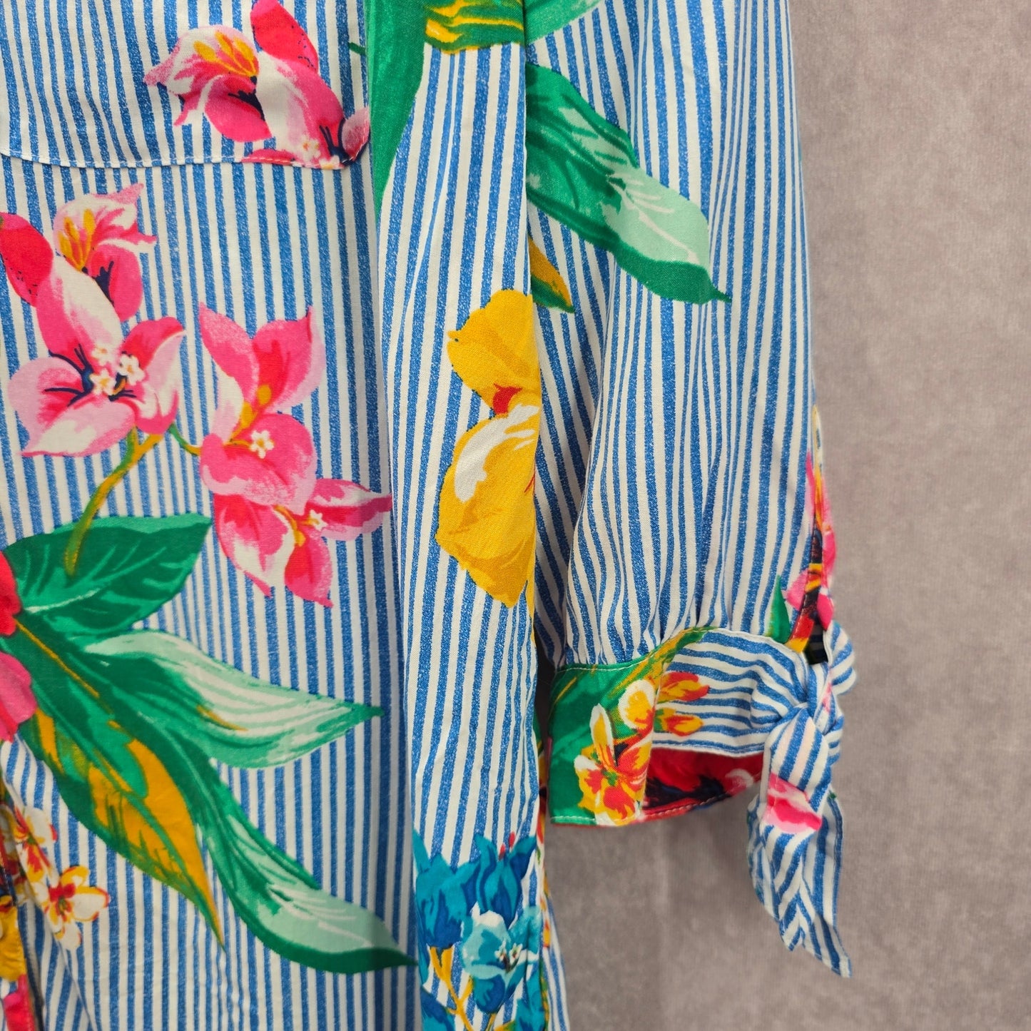 Ruby Rd Blue Stripe Floral Button Up Shirt Top Medium