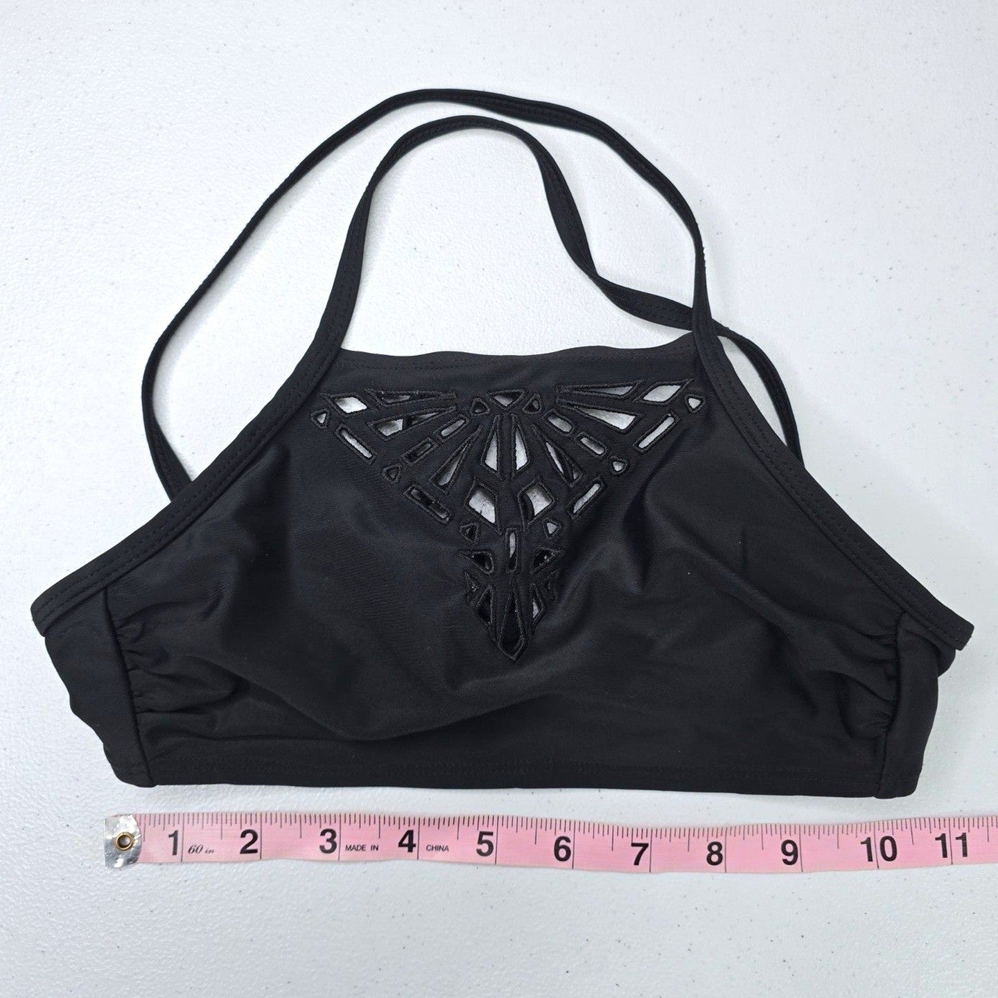 Y2K Black High Neck Macrame VTG Mermaid Bralette String Strap Bikini Top Size XS