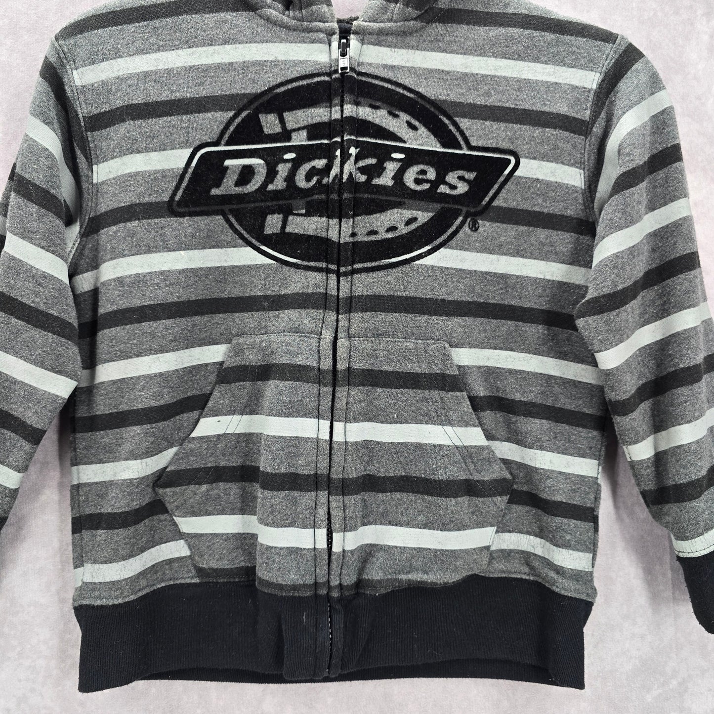 Dickies Gray Black Stripes Fleece Hoodie Full Zip Jacket Coat VTG Y2K Large L 7