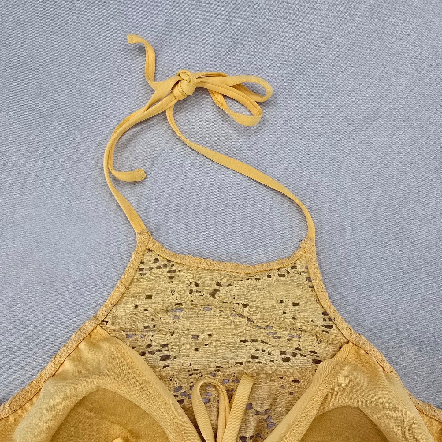 H&M Yellow Lace Crochet Eyelet Halter Tie Padded Bikini Bralette Swim Top 6