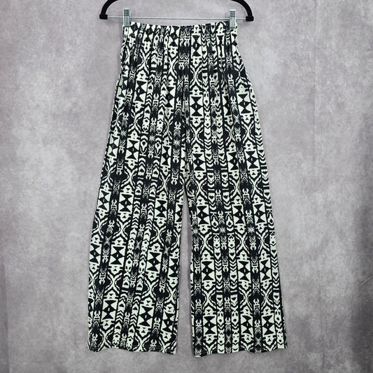 Black White Wide Leg Pullon Boho Beach Funky Print Bottoms Pants Medium