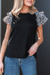 Black Contrast Leopard Ruffled Short Sleeve Ribbed Knit Top