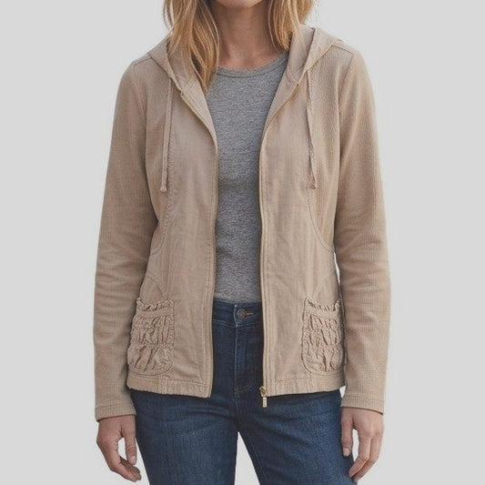 Woven French Beige Zip Hooded Cotton Crinkle Zenergy by Chico's Jacket 1  Medium