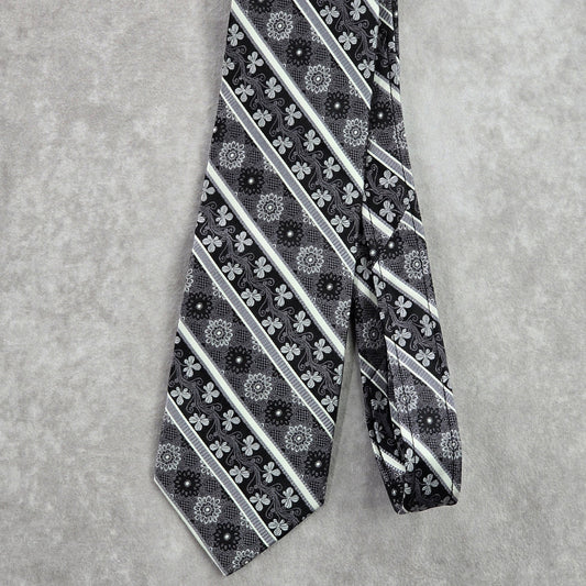 Beau Brummel Black Silver Gray Floral Stripe Silk Executive Neck Tie Men's