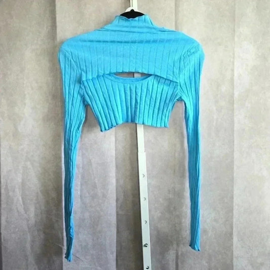 Shein Blue Crop Cutout Long Sleeve Top Small