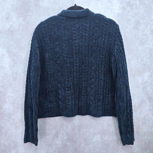 Valerie Stevens Blue Chenille Knit Granny Preppy Cozy Cardigan Sweater Large