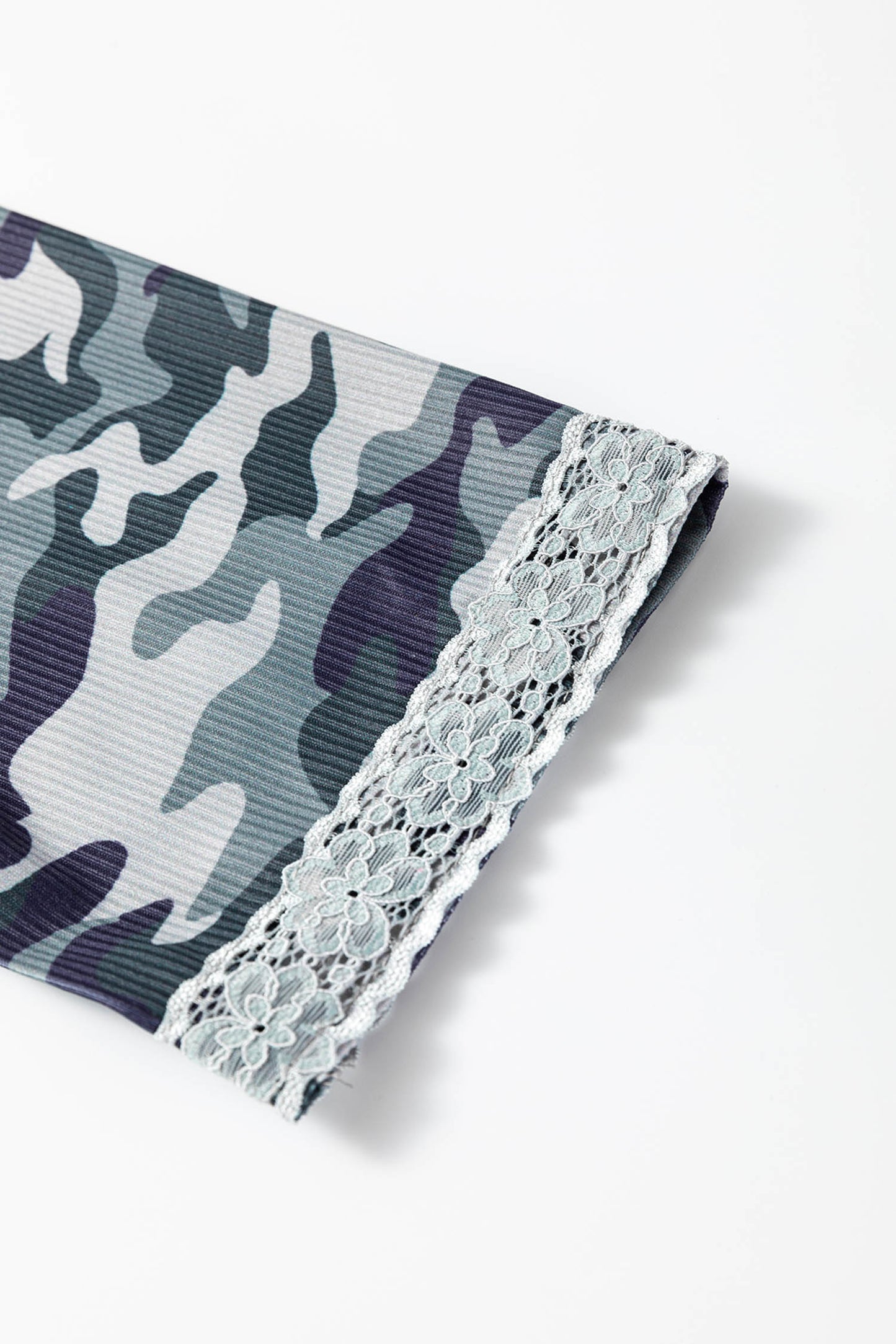 Green Camouflage Print Lace Patchwork Detail Button Long Sleeve Top