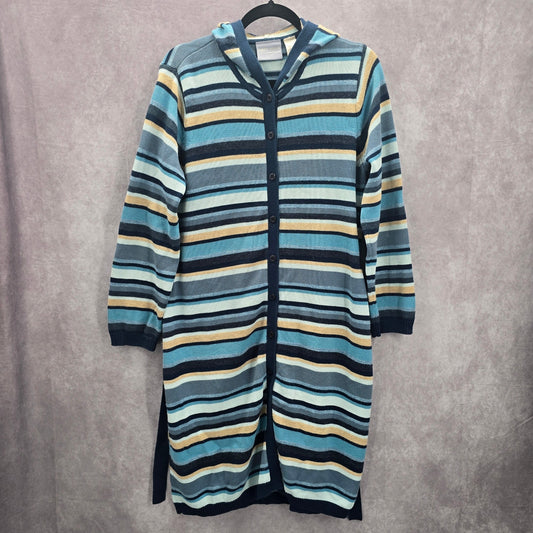 Liz Claiborne Blue Stripe Button Hoodie Knit Long Sweater Cardigan Small