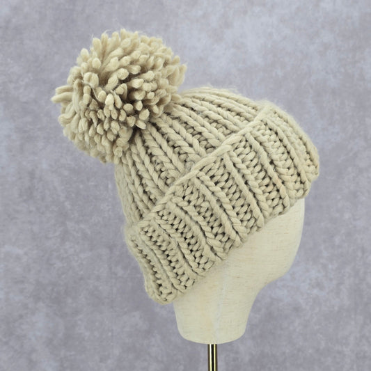 Mossimo Tan Cream Cable Knit Vintage Chunky XL Pom Pom Y2K Funky Hat