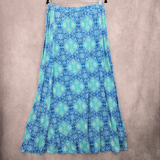 Mix & Co Blue Floral Paisley Boho Maxi Long Stretch Flare Skirt Plus 2X