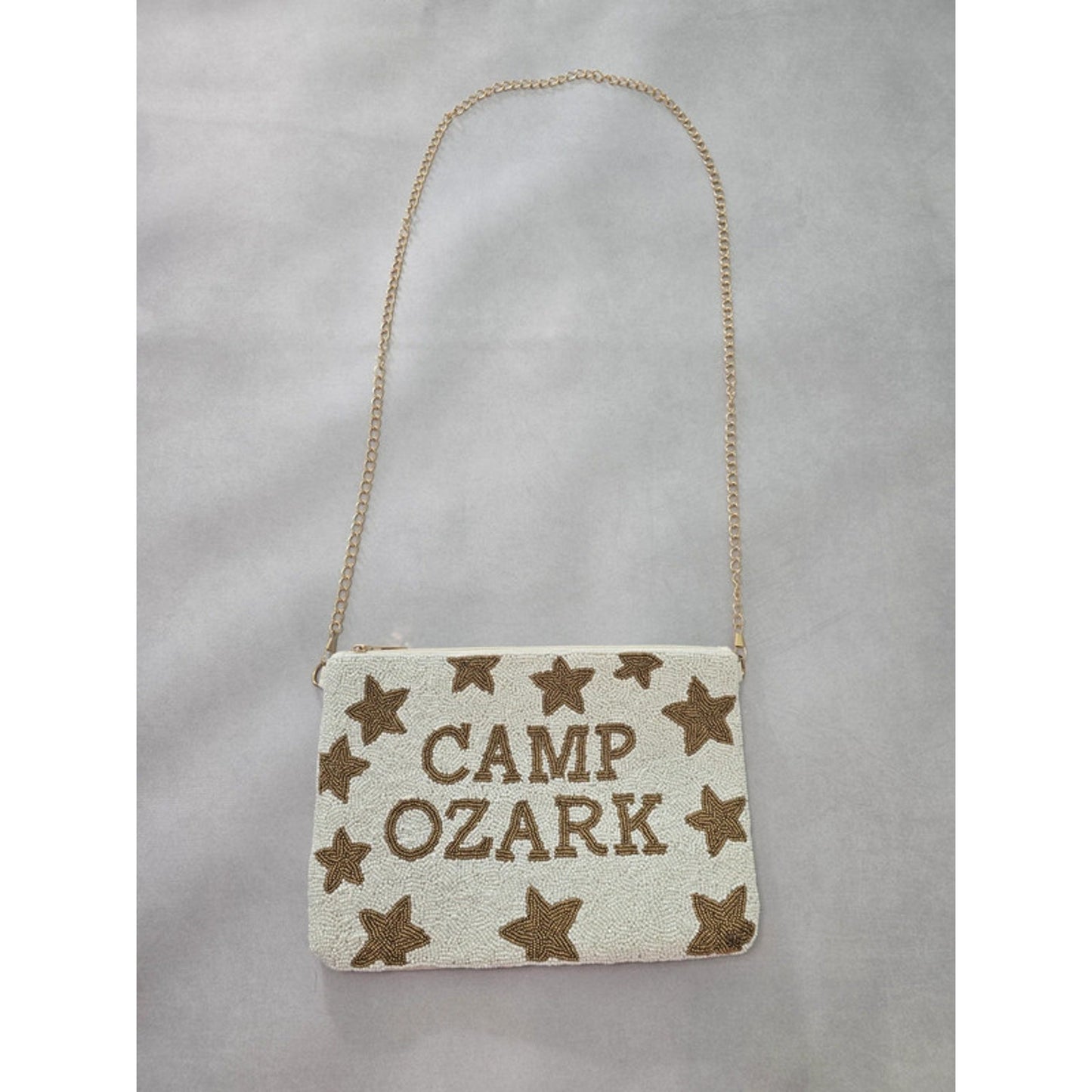 Camp Ozark Beaded Stars White Brown Clutch Gold Chain Strap Shoulder Purse Bag