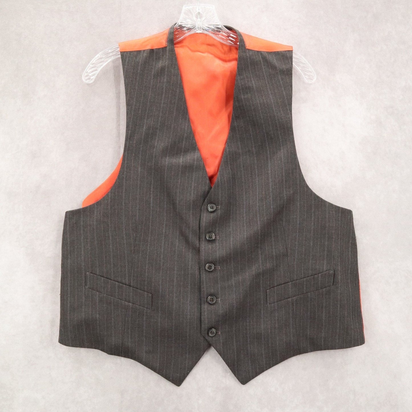Gray Stripe Point 5 Button Orange Welt Pocket Waistcoat Tuxedo Suit Vest L 46R
