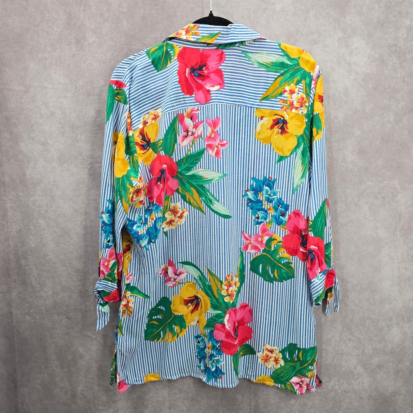 Ruby Rd Blue Stripe Floral Button Up Shirt Top Medium