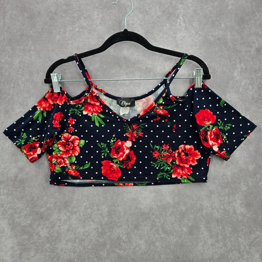 Objex Navy Blue Floral Polka Dot Cold Short Cropped Top Blouse Extra Large XL