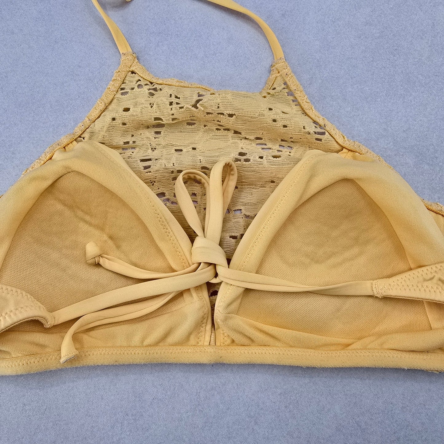 H&M Yellow Lace Crochet Eyelet Halter Tie Padded Bikini Bralette Swim Top 6