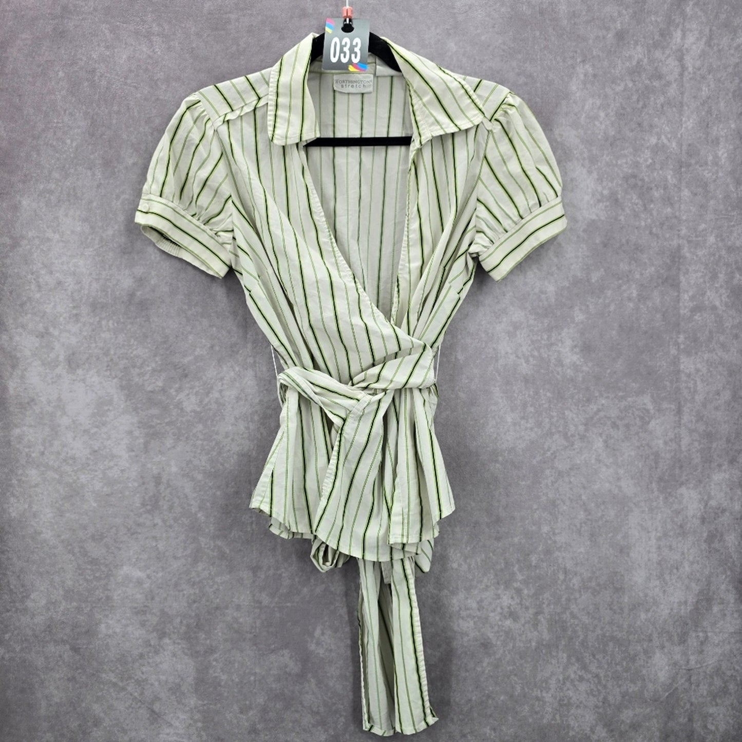 Worthington White Striped Short Sleeve Wrap Top Small