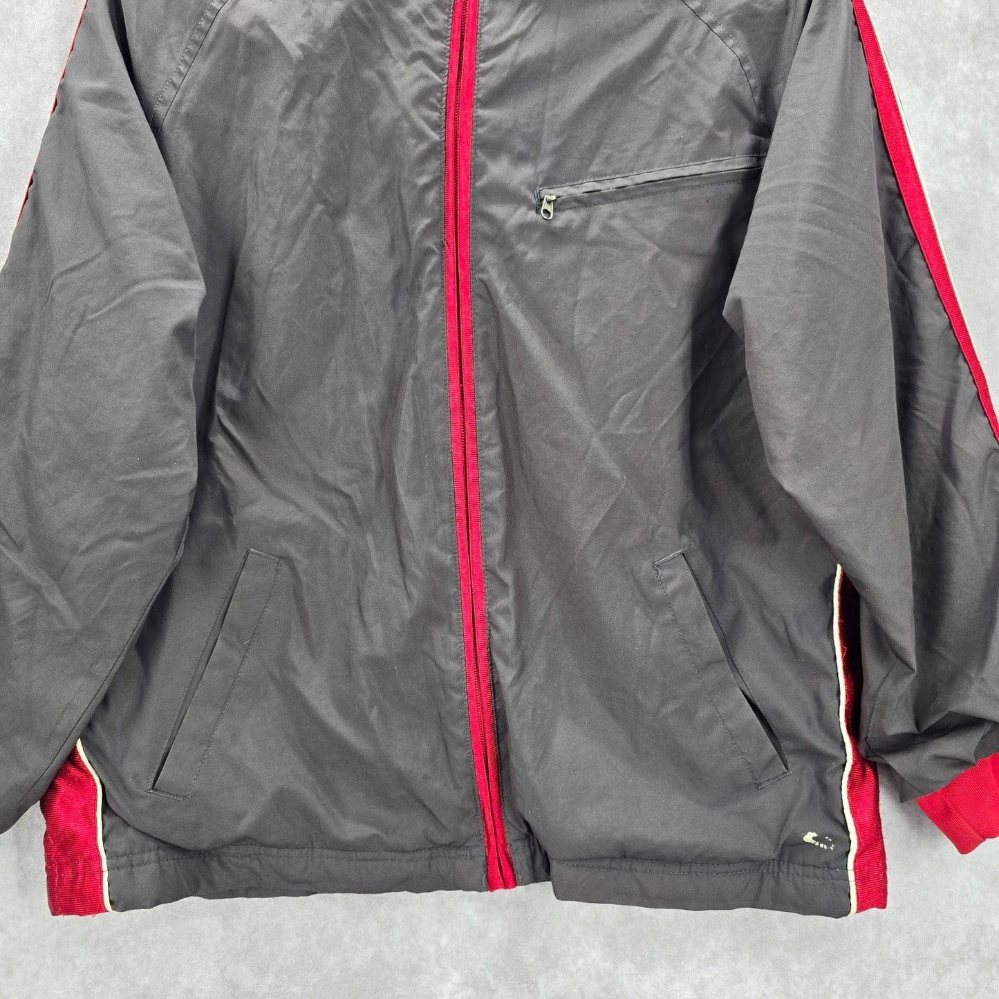 Tek Gear Gray Red Full Zip Hooded Track Windbreaker Jacket Coat Large L 14/16