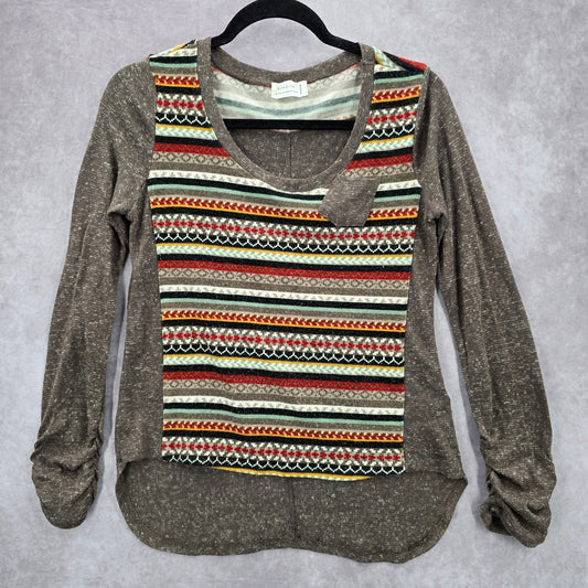 Love Tree Brown Stripe Print Long Sleeve High Low Ruched Top Sweater Medium