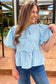 Sky Blue Stripe Bow Knot Textured Short Puff Sleeve Babydoll Blouse