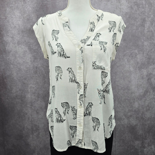Studio Y White Black Leopard Print Cutout Crisscross Button Up Top Medium