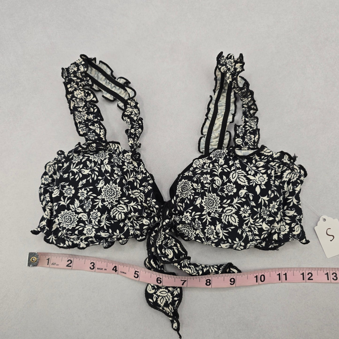 Xhilaration Black Floral Ruffle Beach Tie Bra Bikini Bralette Swim Top S Small