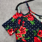 Objex Navy Blue Floral Polka Dot Cold Short Cropped Top Blouse Extra Large XL