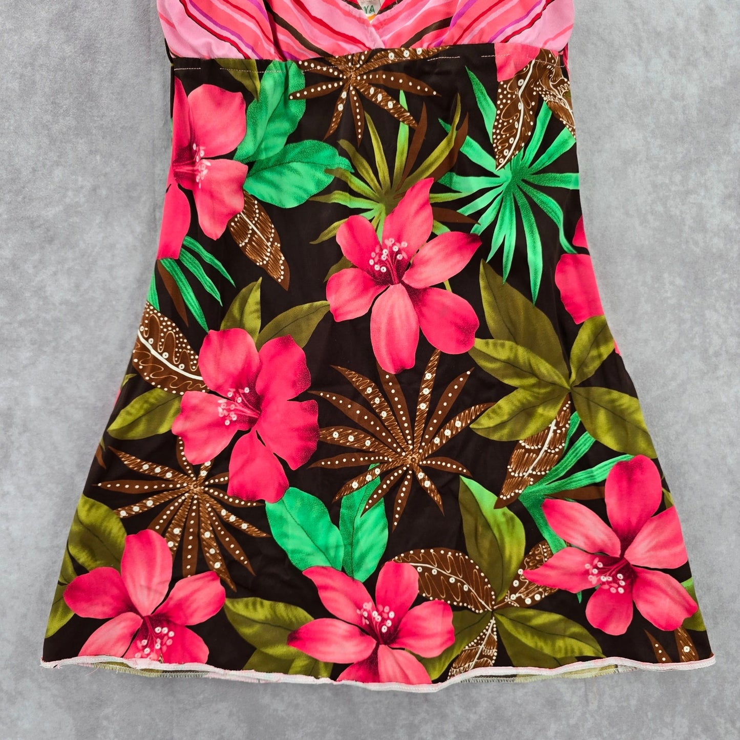 Papaya Pink Floral Vintage Sleeveless Y2K Padded Swimwear Tankini Dress S Small