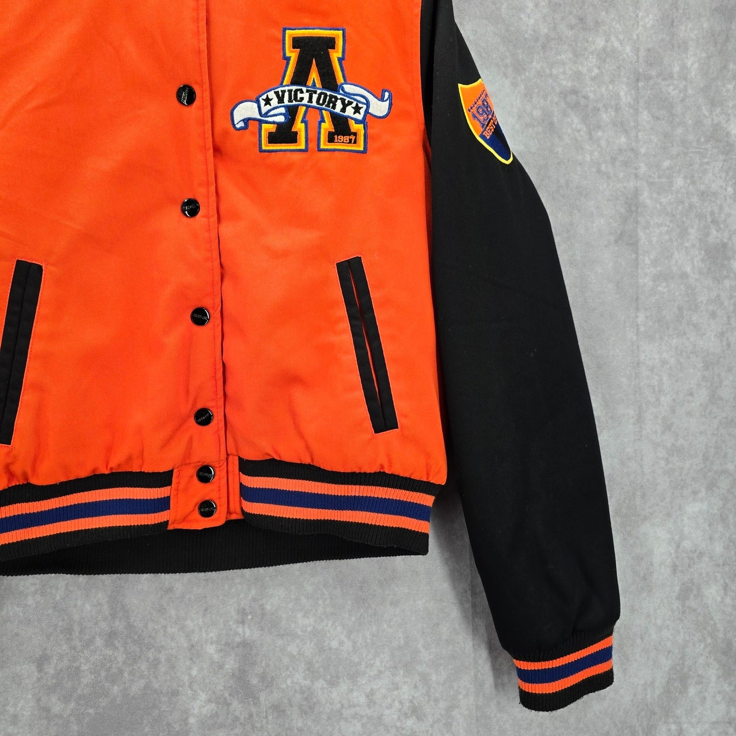 Red Fox Orange Black Varsity Puffer Hood Vintage Y2K Bomber Jacket Coat Medium M