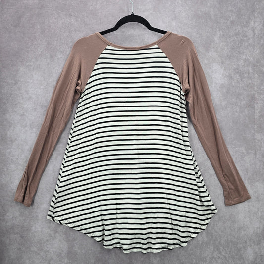 Reborn J Tan Black White Stripe Long Sleeve Boho Y2K Retro Blouse Top Medium