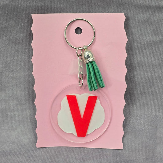 Letter Keychain Clear Silver Circle Handmade Acrylic Tassel Flower V Green