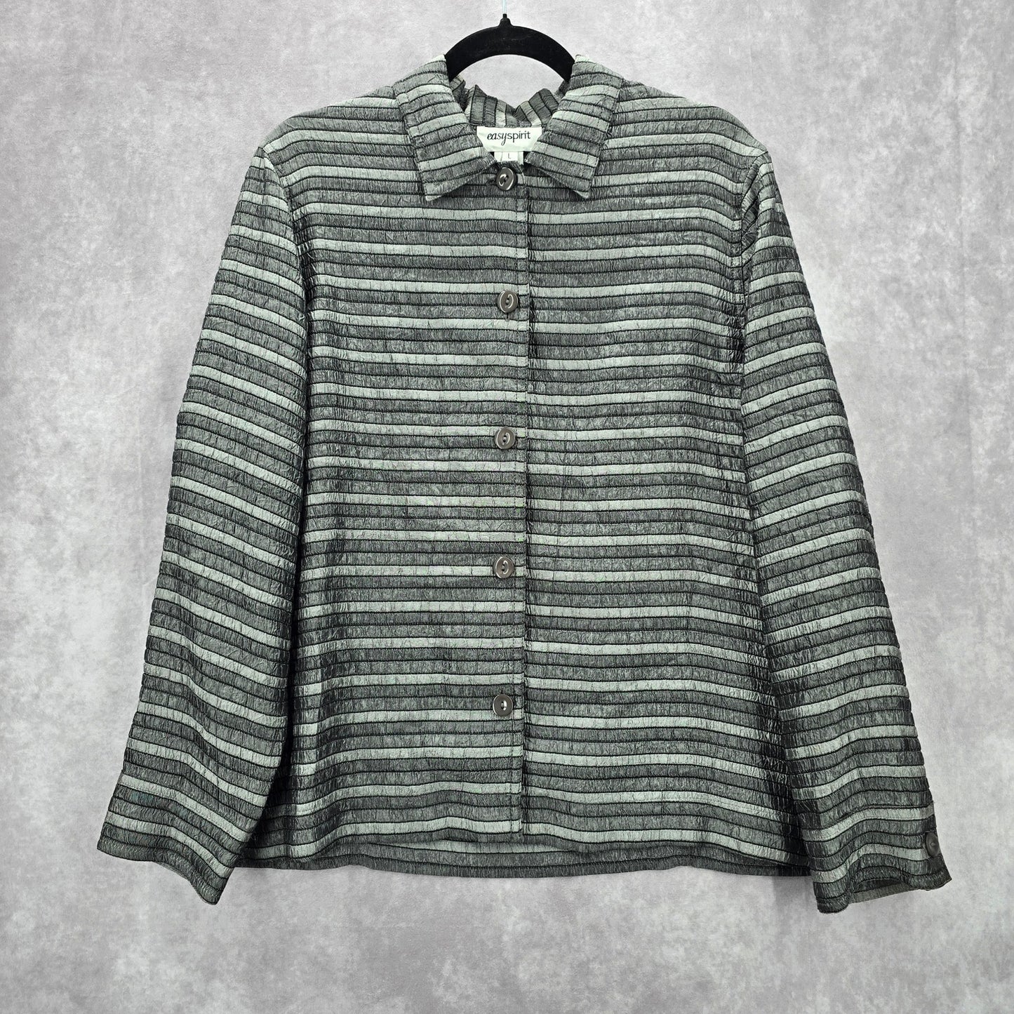 Easy Spirit Gray Stripe Button Metallic Long Sleeve Coat Jacket Large