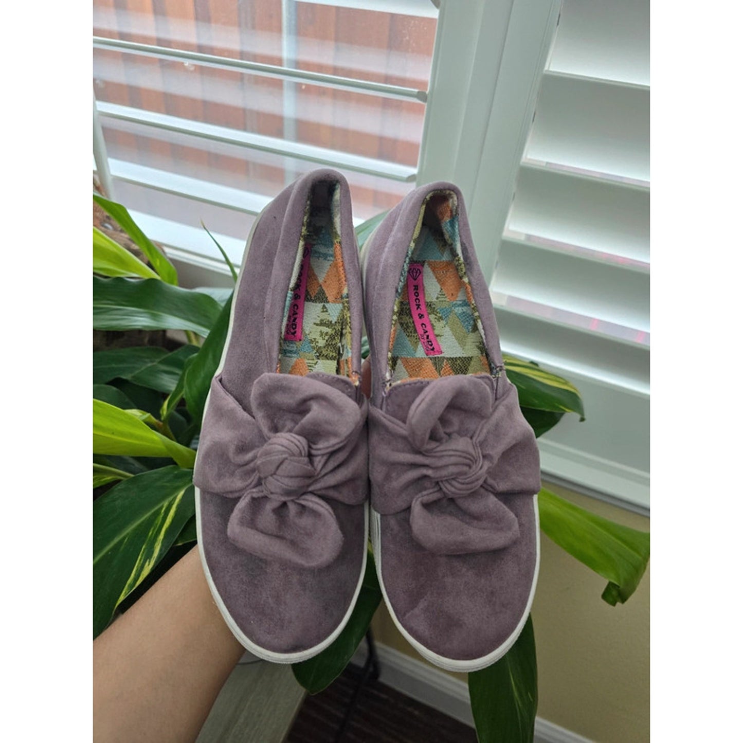 Rock and Candy Purple Bow Flat Slide Suede Sneakers Size 8.5
