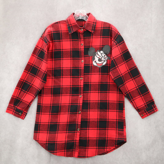 Red Plaid Flannel Mickey Mouse Long Sleeve Button Down Y2K VTG Top Shirt Large