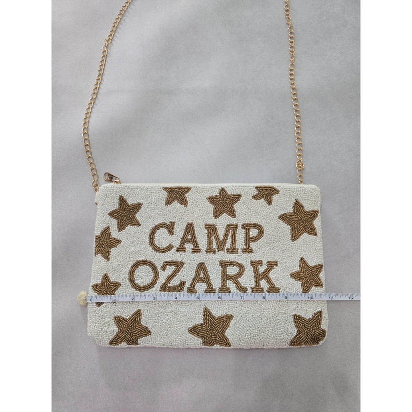 Camp Ozark Beaded Stars White Brown Clutch Gold Chain Strap Shoulder Purse Bag