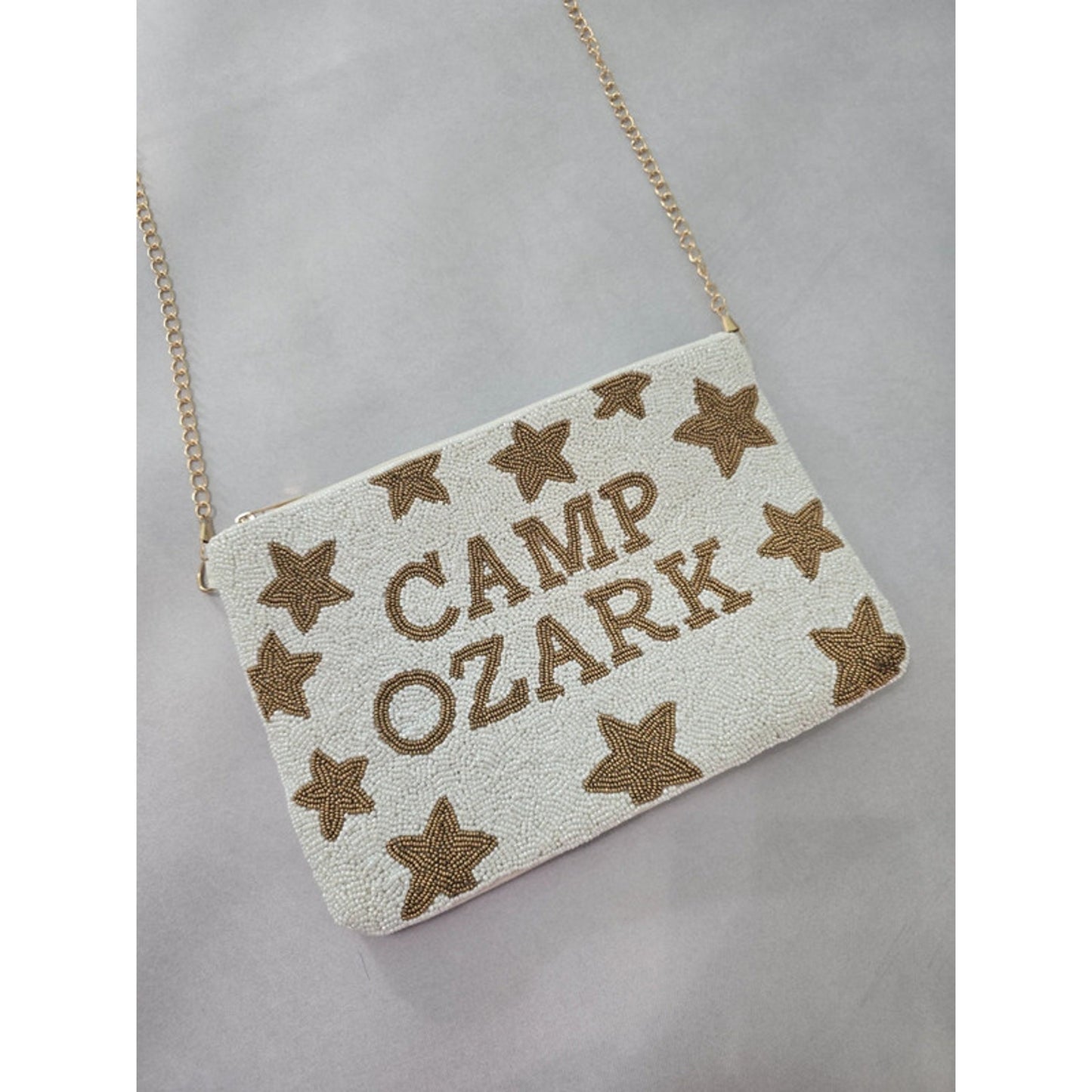 Camp Ozark Beaded Stars White Brown Clutch Gold Chain Strap Shoulder Purse Bag