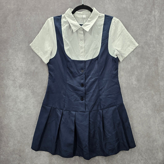 iEFiEL Blue White Short Sleeve Button Down Uniform 3 in 1 Top Medium