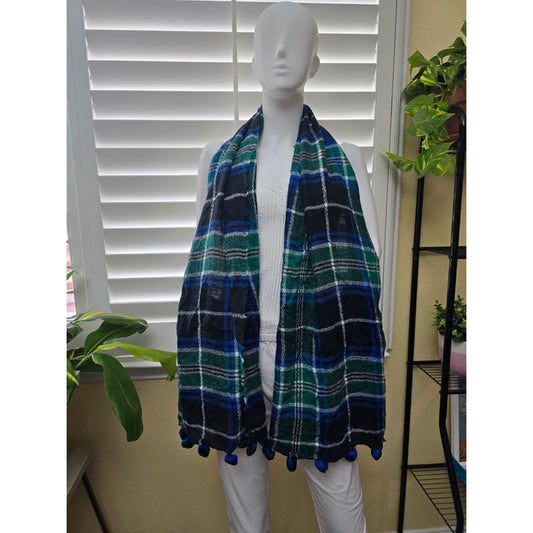 Est 1946 Green Pom Pom Plaid Long 90s Scarf OSFM