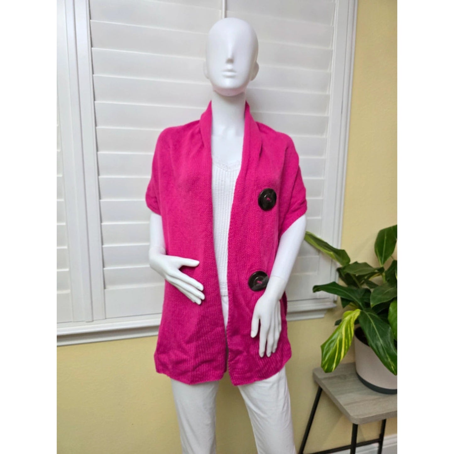 Pink Knit Poncho Shawl Wide Cottage Wrap Big Buttons Scarf