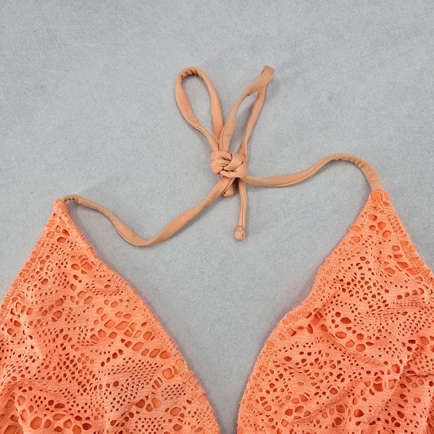 Orange Lace Crochet Eyelet Tie Sports Bra Bikini Bralette Swim Top S Small